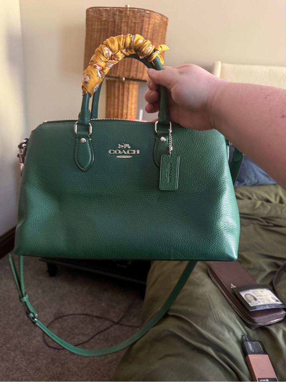 Coach Emerald Green Pebbled Leather Satchel with Yellow Scarf-Wrapped Handle